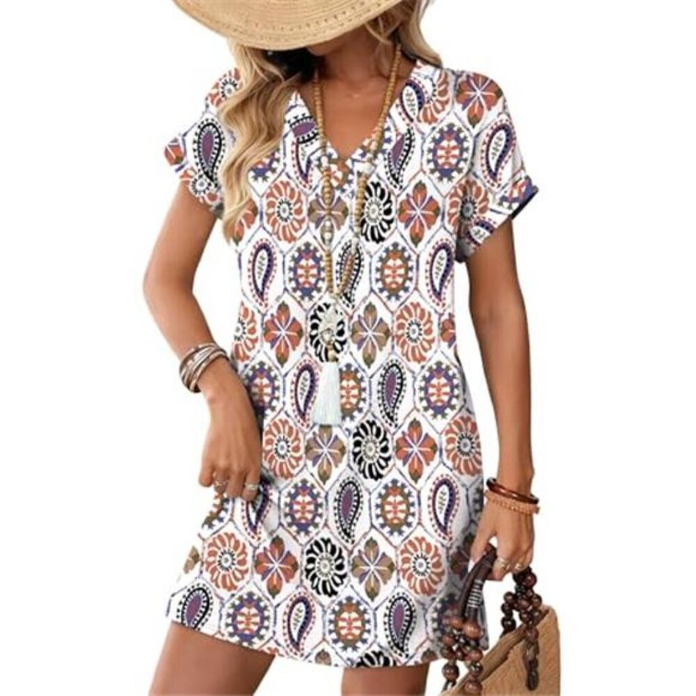 Casual T-Shirt Dress V-Neck Short Sleeve Colorful Floral Dress with Pockets